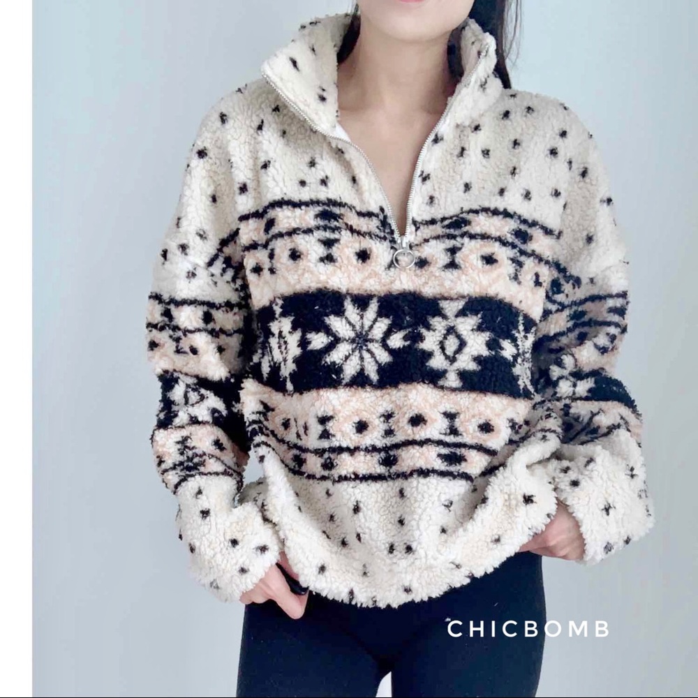 SHERPA HALF ZIP PULLOVER SWEATER - BEIGE - Picture 3 of 10